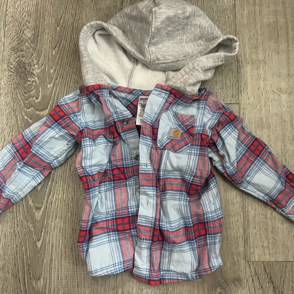 Carhartt Red and Blue Plaid Shirt with Gray Hood